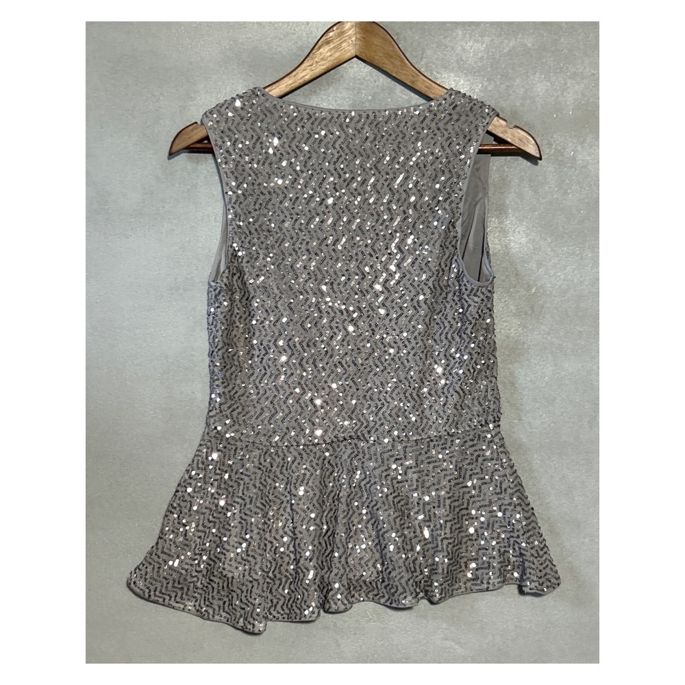 Grace Karin Silver Sequin Peplum Top Sleeveless Chevron V-Neck Blouse Medium NWT - Picture 3 of 6